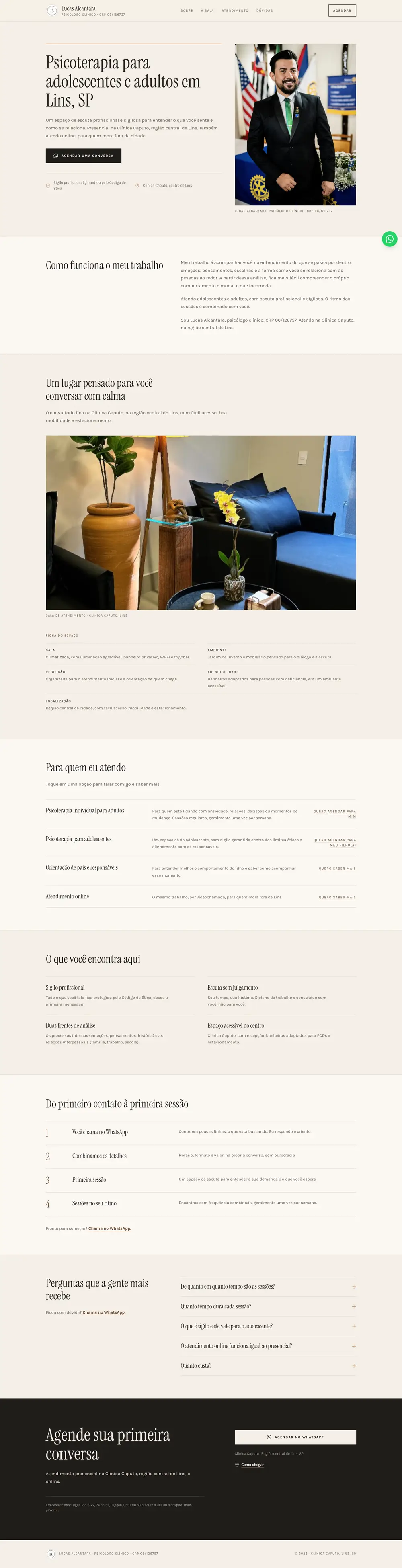 Página completa do psicólogo Lucas Alcantara, seção por seção.