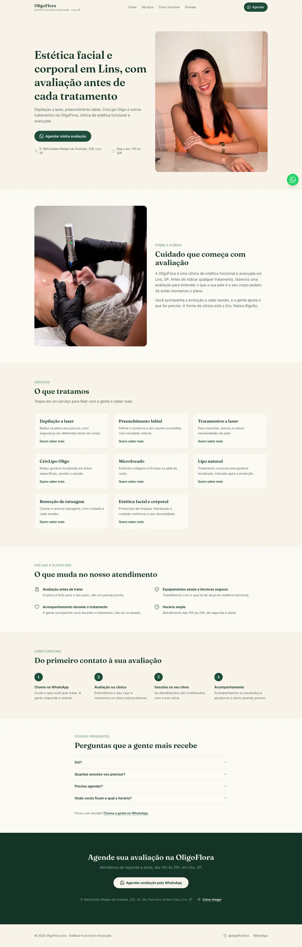Página completa da clínica OligoFlora Lins, seção por seção.